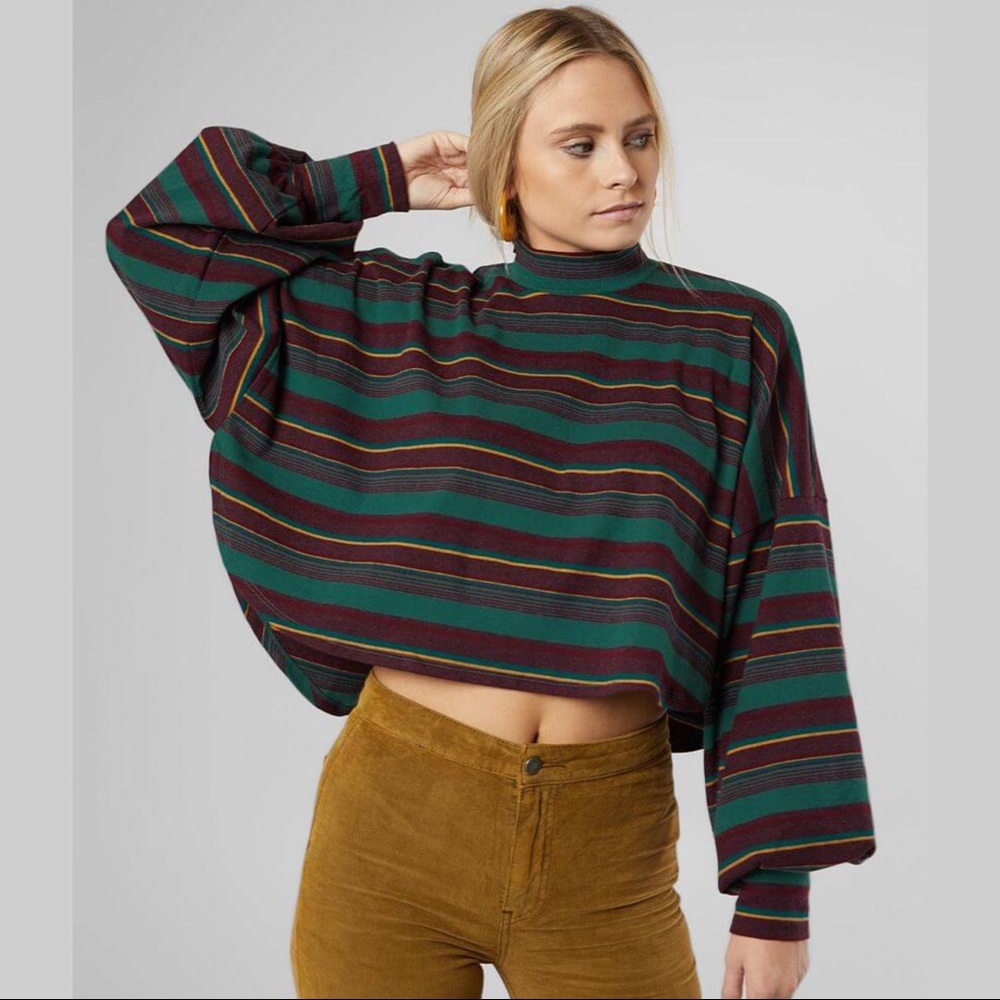 Free People Steph Mock Neck Long Sleeve Striped  Top Pine Combo Size Small